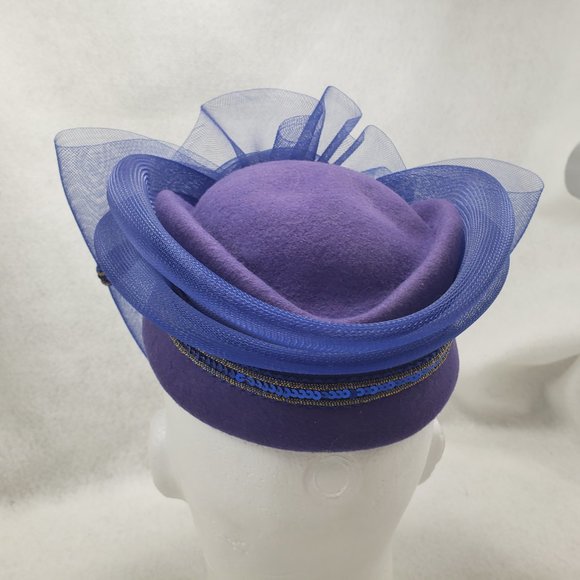 Vintage 80s Church Hat Oversize Bow Wool Felt Formal Tulle Blue Gold Sequins USA - Picture 5 of 14